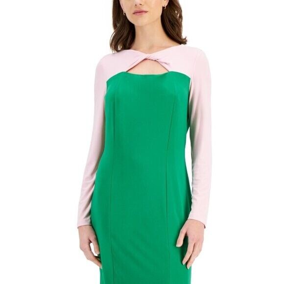 KASPER Women's Green and Pink Colorblock Knot-Neck Bodycon Dress NWT