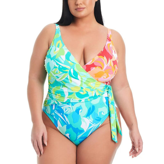 Bleu by Rod Beattie Women's Plus Size Multicolor Surplice Tied Swimsuit NWT