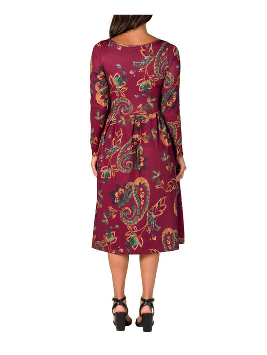 24seven Comfort Apparel XL Wine Paisley Midi Length Long Sleeve Pocket Dress NWT