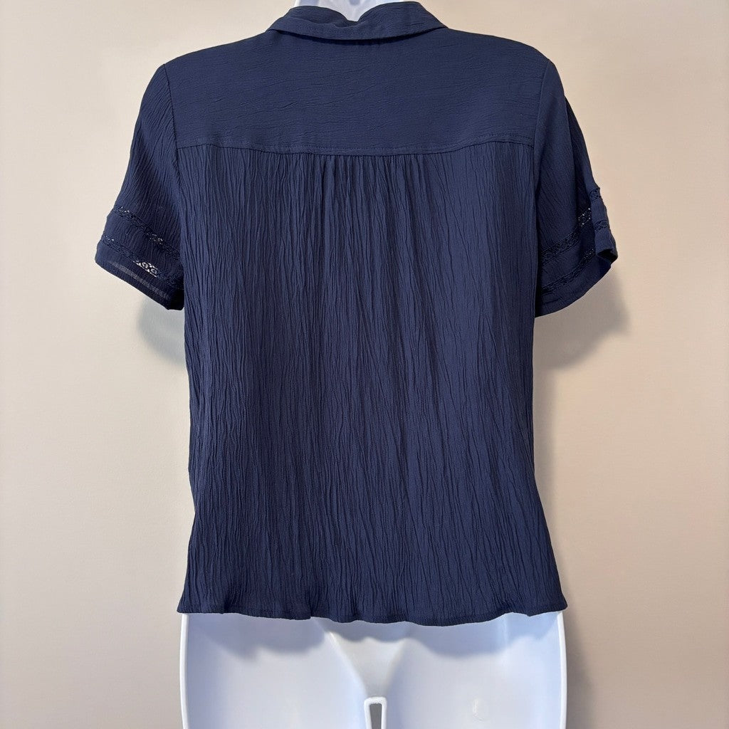 Style & Co Women's Petite Navy Blue Pintuck Short-Sleeve Button-Front Shirt NWT
