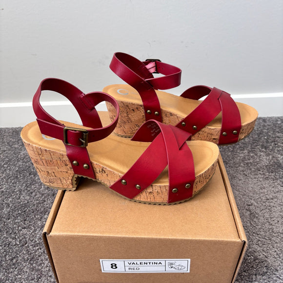Journee Collection Women's Size 8 & 8.5 Red Cork Block Heel Valentina Shoes NIB