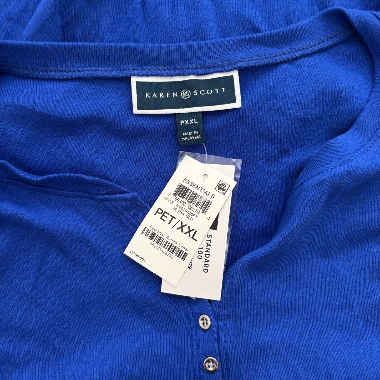 Karen Scott Women's Petite Bright Blue 100% Cotton Henley Top NWT