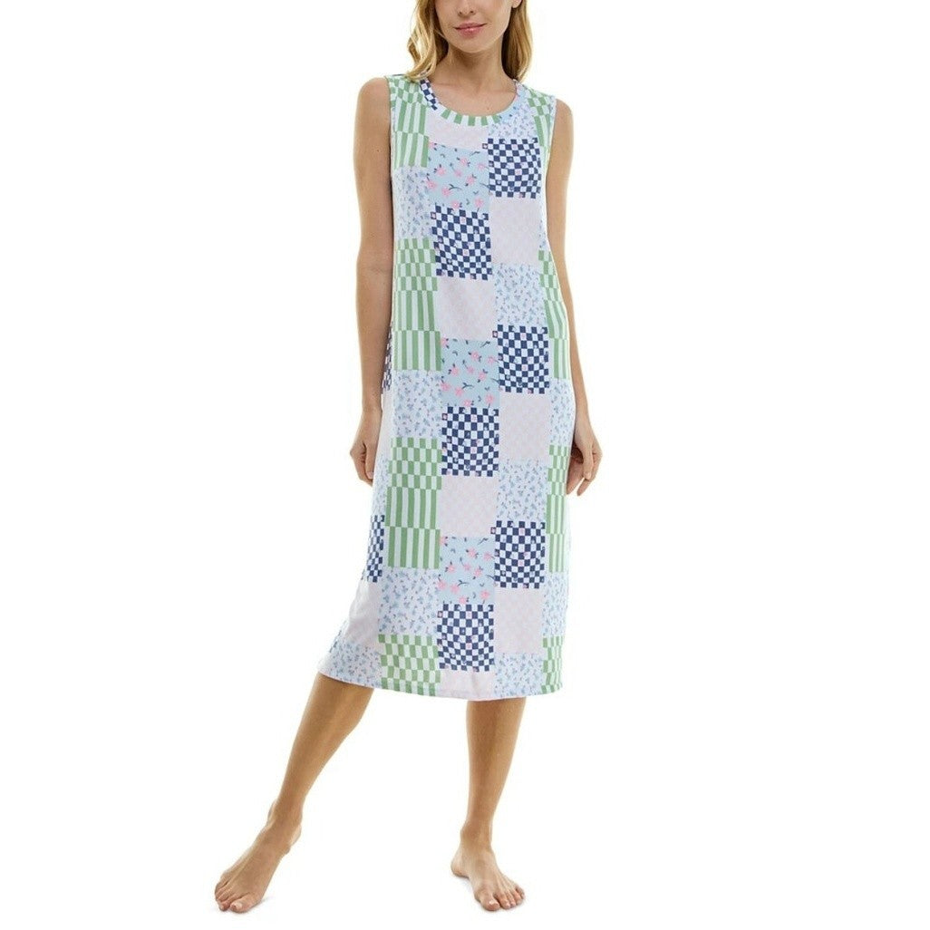 Roudelain Women's White & Blue Patchwork Printed Sleeveless Soft Nightgown NWT