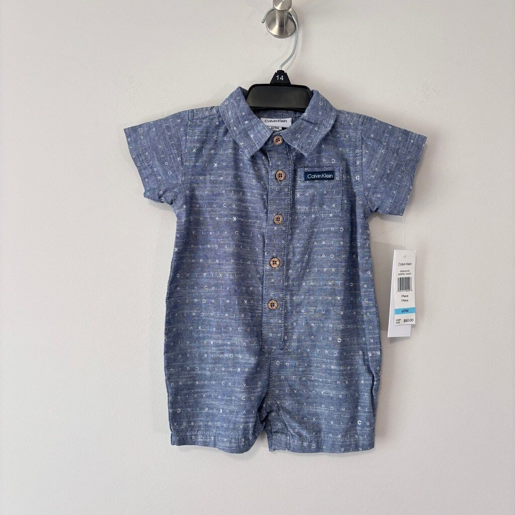 Calvin Klein Size 6-9 Months Baby Boys Blue Woven Romper One-Piece Outfit NWT