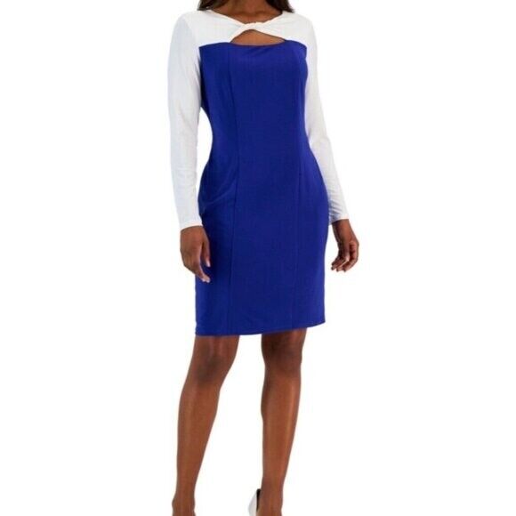 KASPER Women's Long Sleeved Bodycon Sheath Dress Blue & White NWT