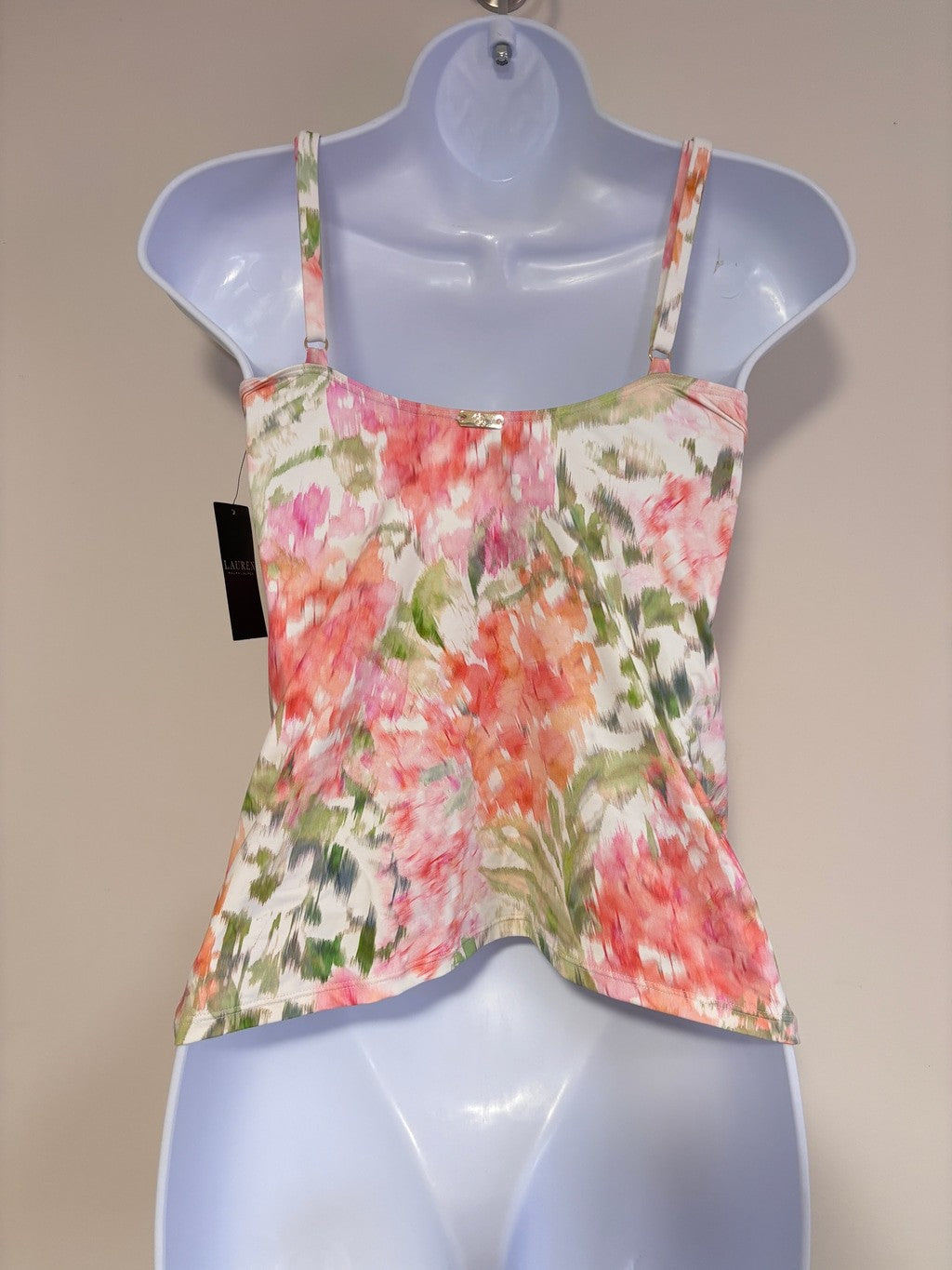 Ralph Lauren Size 6 Pink Floral Ruched Tankini Top w/ Built-In Bra NWT