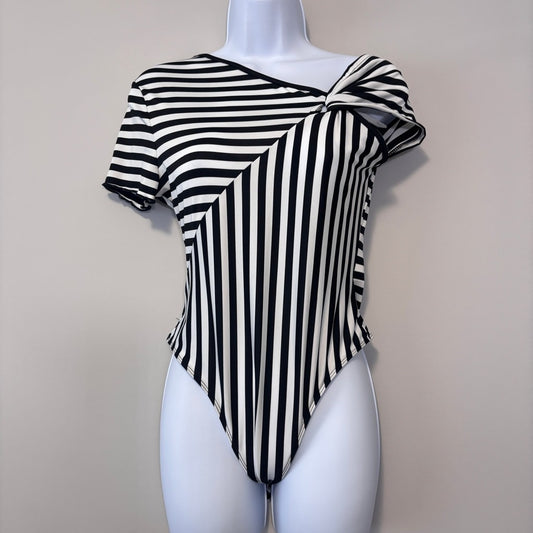 SHEIN Women's Medium Black White Striped Asymmetrical Short Sleeve Bodysuit NWT