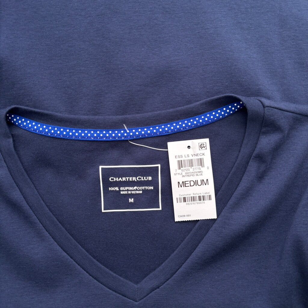 Charter Club Women's Medium 100% Cotton Long-Sleeve Navy Blue T-Shirt NWT