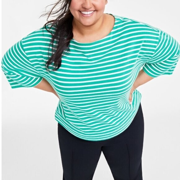 On 34th Plus Size Heavyweight Cotton Striped Boat-Neck 3/4 Sleeve Top NWT