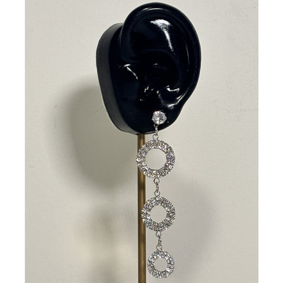 Silver Rhinestone Triple Circle Drop Dramatic Dangle Earrings NWT