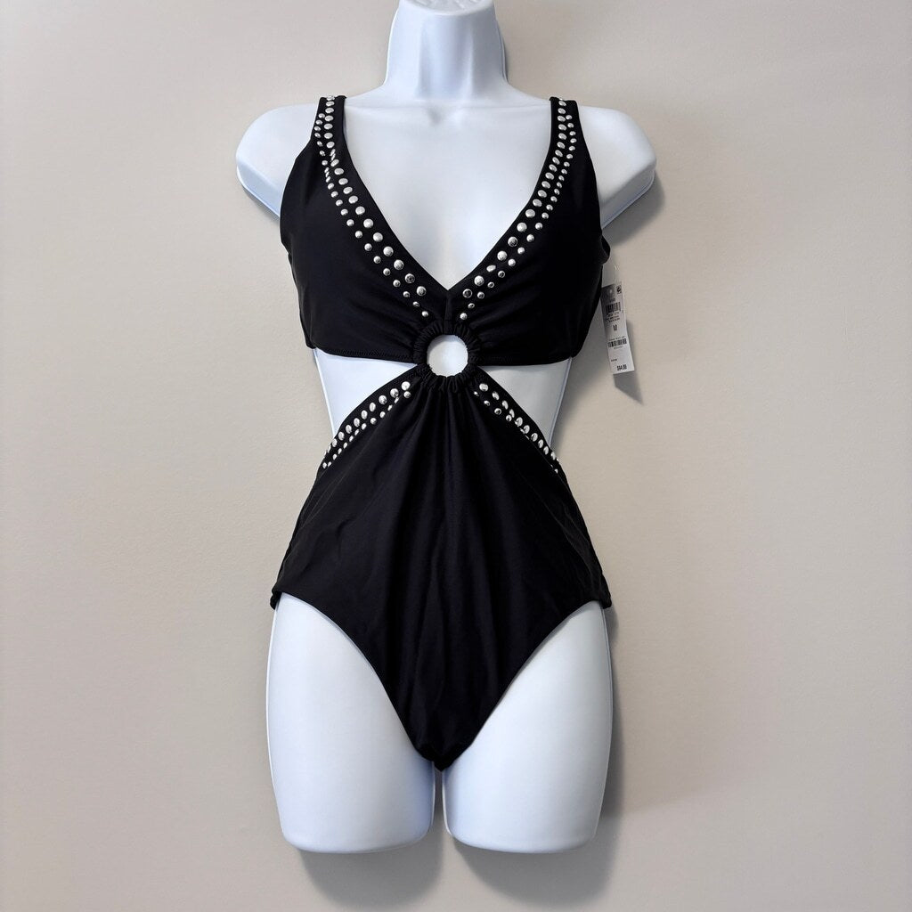 Bar III Women's Medium Black & Silver Stud Plunge One-Piece Swimsuit NWT