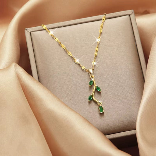 Gold and Green Green Leaf Drop Pendant Necklace - Cubic Zirconia Stones NWT