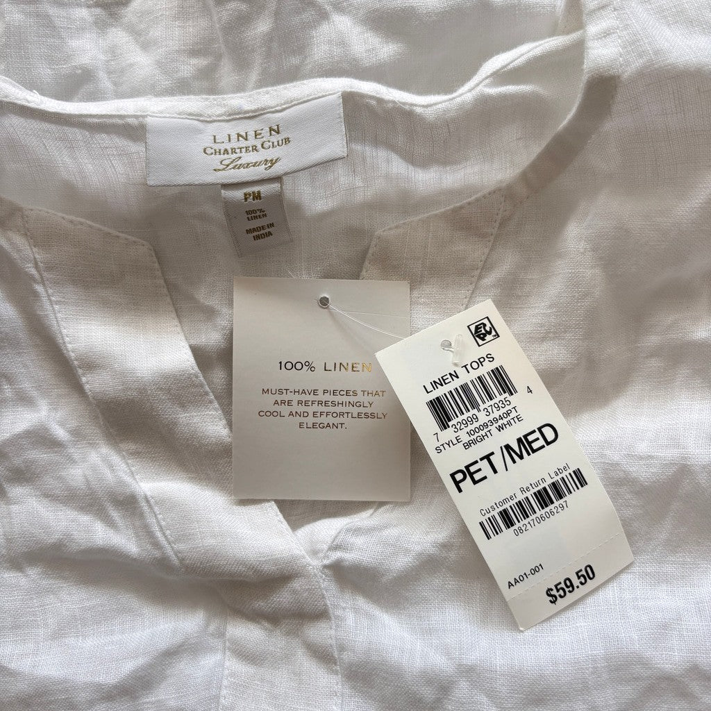 Charter Club Petite Medium White 100% Linen Split-Neck Short Sleeve Top NWT