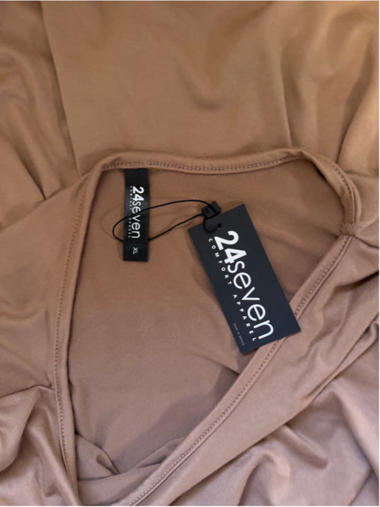 24seven Comfort Apparel XL Beige / Tan Midi Length Fit & Flare Pocket Dress NWT