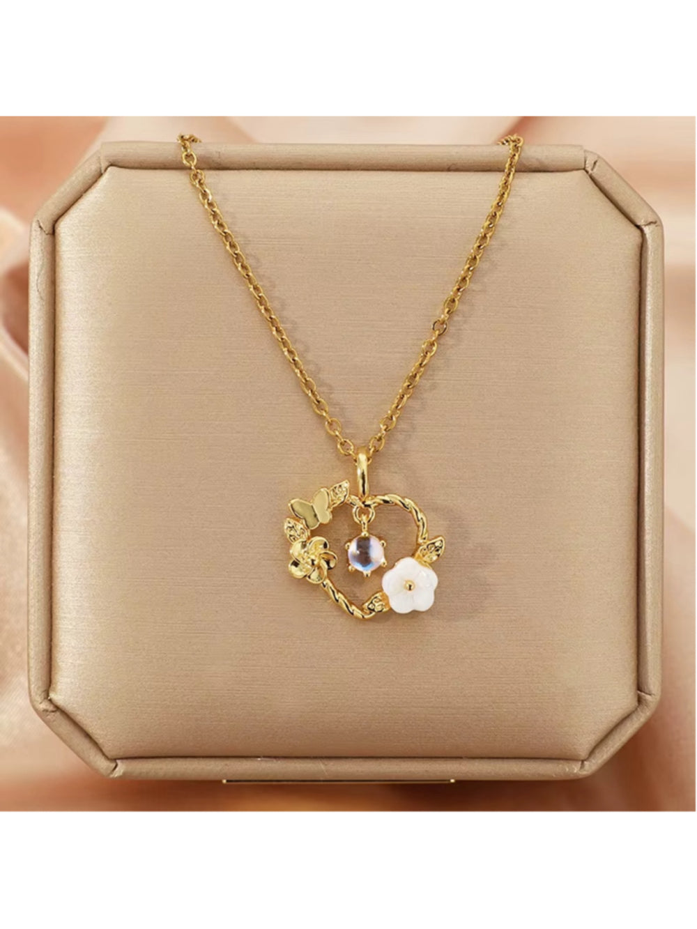 Gold Coloured Heart Pendant Necklace, With Butterfly & Heart Details NWT