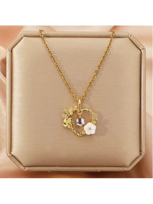 Gold Coloured Heart Pendant Necklace, With Butterfly & Heart Details NWT