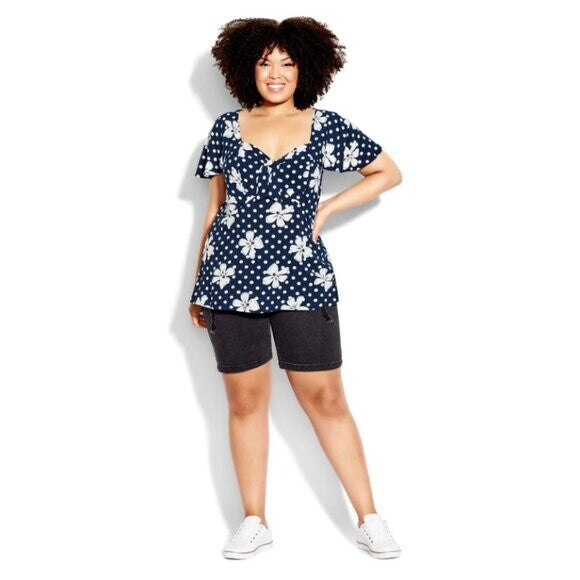 AVENUE Plus Size Kata Print Top - Blue with White - NWT