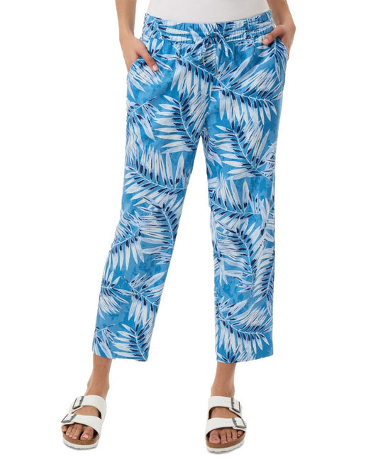 Jones New York Size Large Blue Tropical Leaf Drawstring Waist Linen Pants NWT