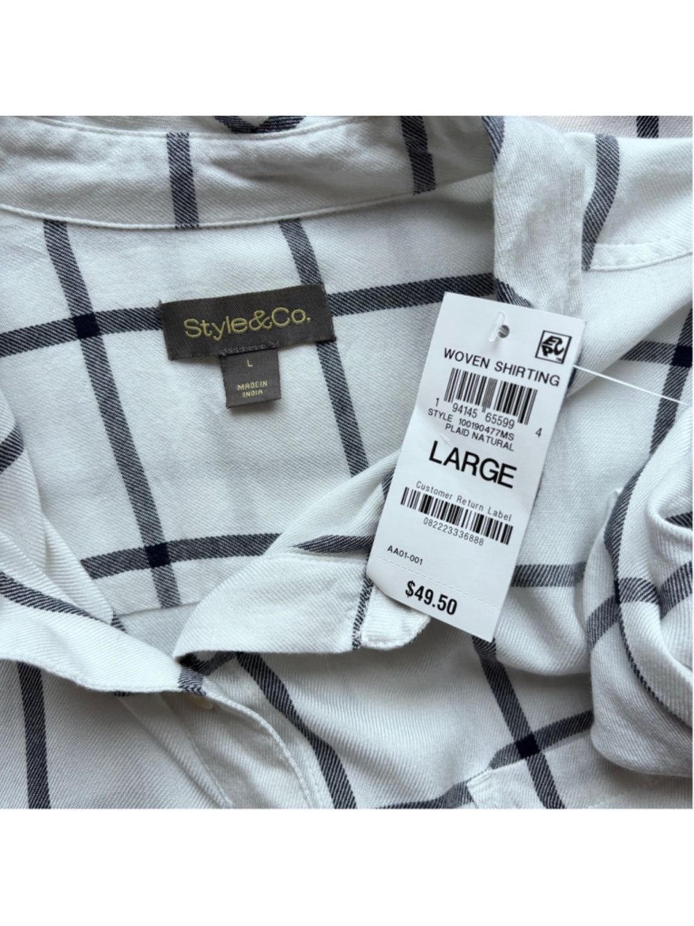 Style & Co Women's Large White Plaid Button-Front Collared Shirt NWT