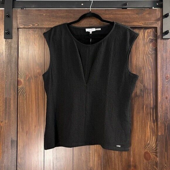 CALVIN KLEIN Black Cap Sleeve Pleated V-Bodice Textured Blouse NWT