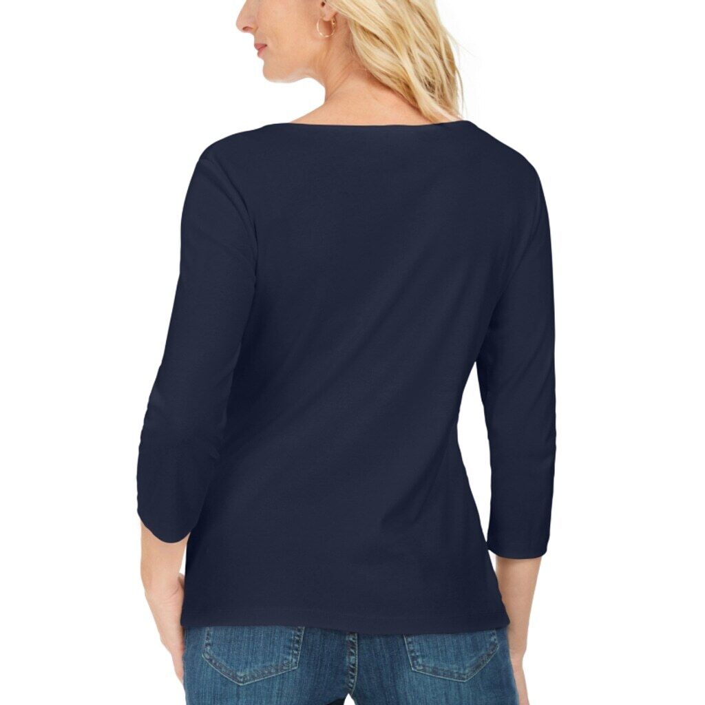 Karen Scott Petite Navy Blue 3/4 Sleeve 100% Cotton Scoop-Neck Top NWT