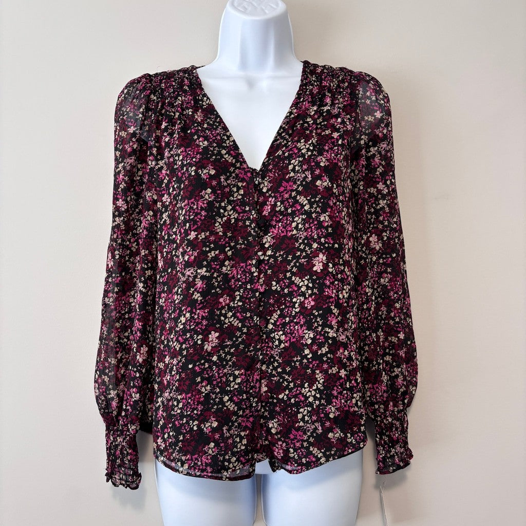 Sam & Jess Women's Medium Petite Black w/ Pink Floral Print V-Neck Top NWT