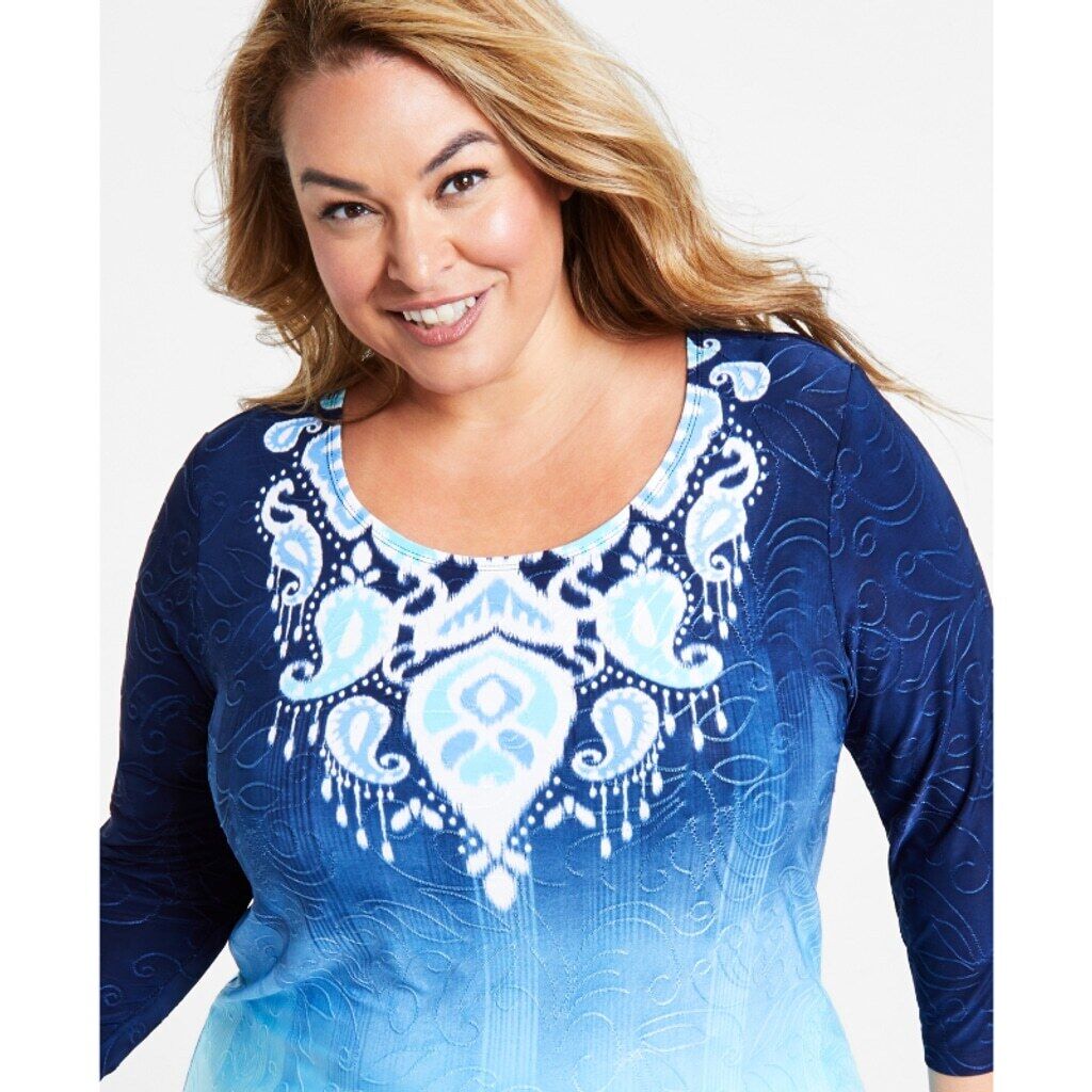 JM Collection Women's Plus Size 0X Gradient Blue Ikat Jacquard Top NWT