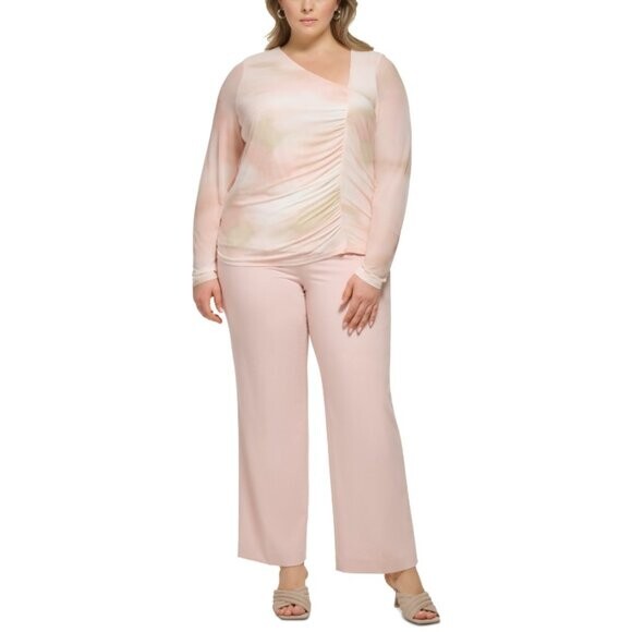 CALVIN KLEIN Plus Size Pink Asymmetrical-Neck Ruched Long-Sleeve Top NWT