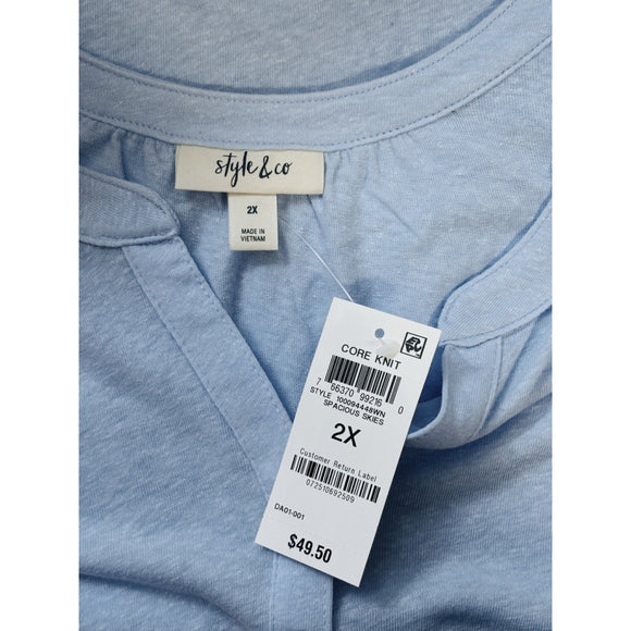 Style & Co Plus Size 2X Light Blue Henley Short Sleeve Split Neck Top NWT