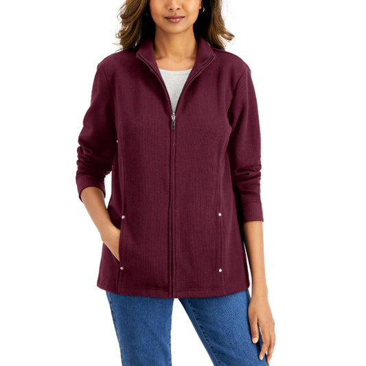 Karen Scott Women's Extra Small Deep Red Ribbed Zip-Up Fleece Jacket NWT