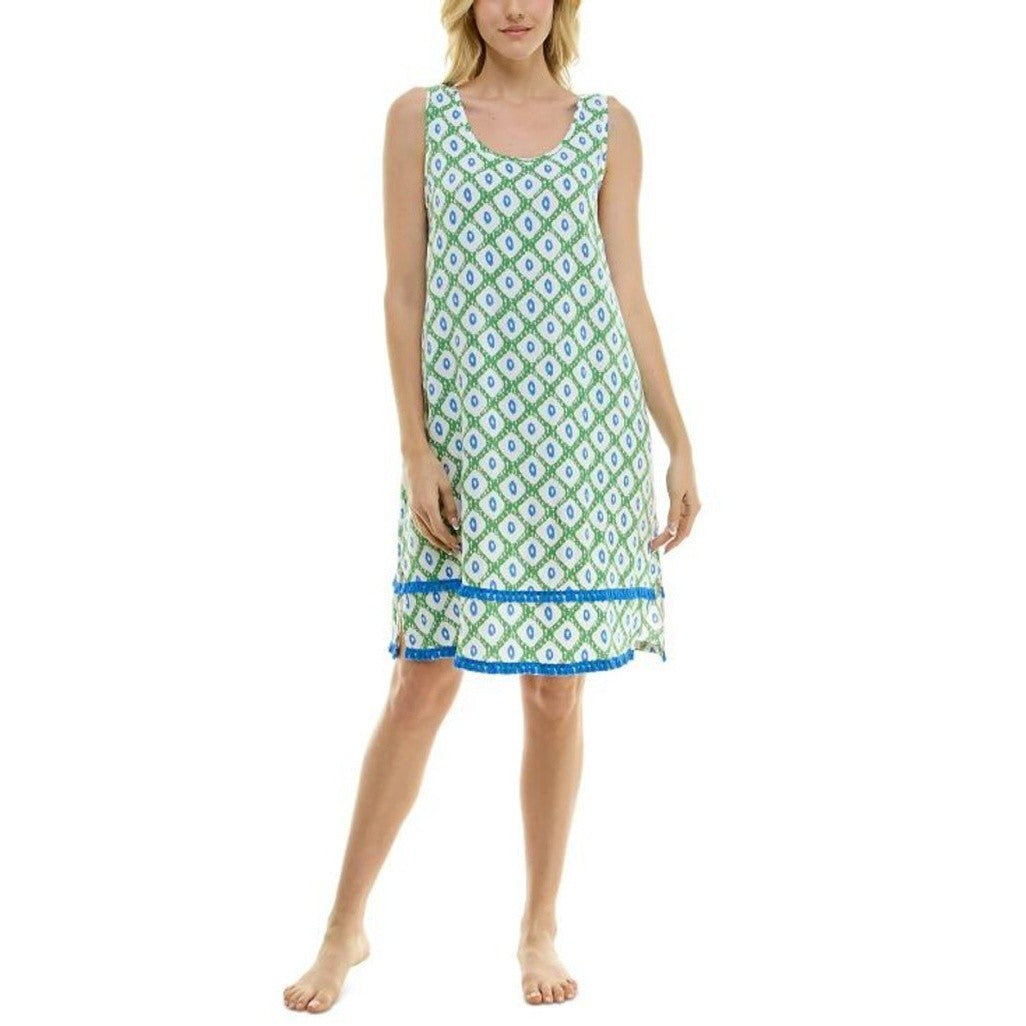 Roudelain Women's White, Green & Blue Printed Tassel-Trim Tank Nightgown NWT