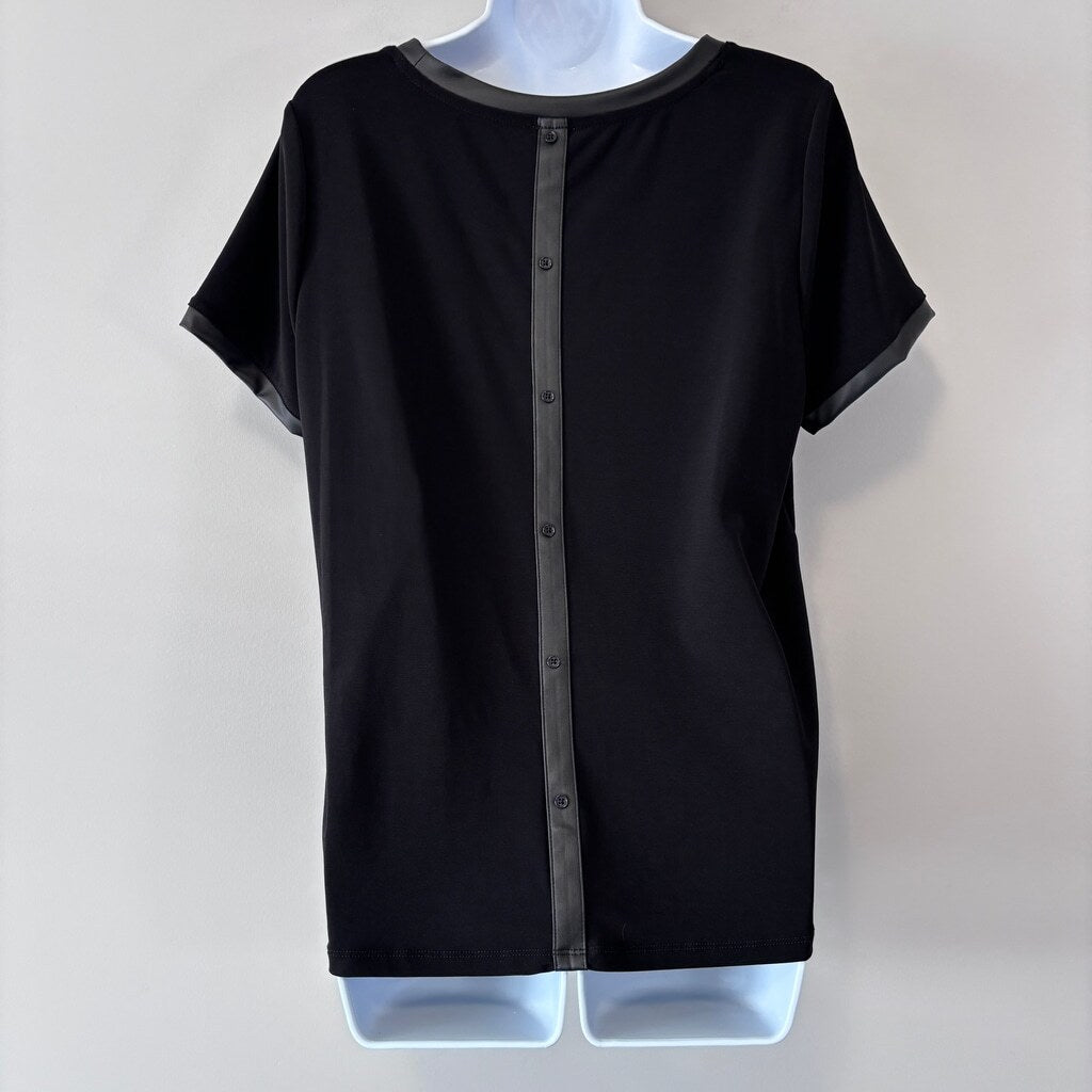 Anne Klein Women's Petite Large Black Short-Sleeve Button-Back Crewneck Top NWT