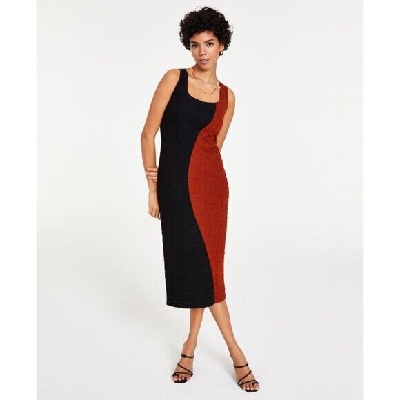 Bar III Women's Small Square Neck Black and Brown Colorblocked Midi Dress NWT
