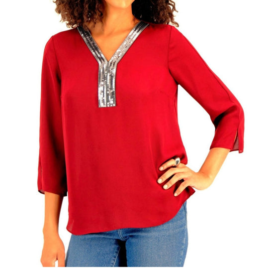 JM Collection Women's Petite Small Red Chiffon Sequin-Trim 3/4-Sleeve Blouse NWT