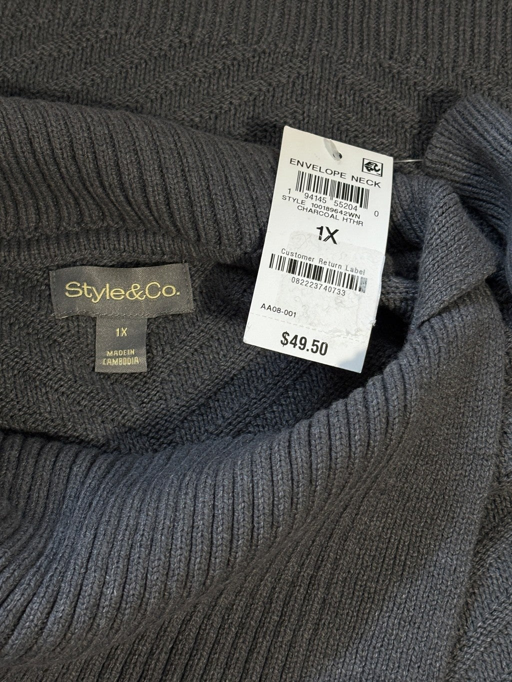Style & Co Plus Size 1X Envelope Neck Sweater in Charcoal Gray NWT