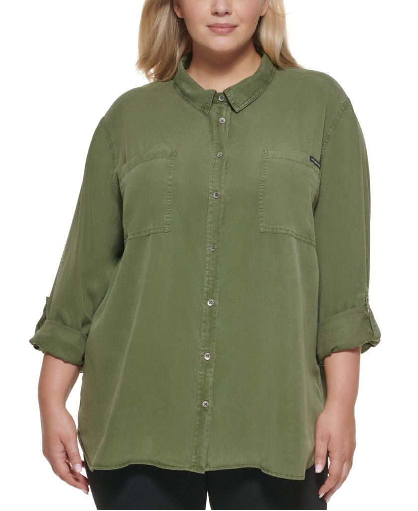 Calvin Klein Jeans Plus Size 2X Olive Green Button-Down Utility Shirt NWT