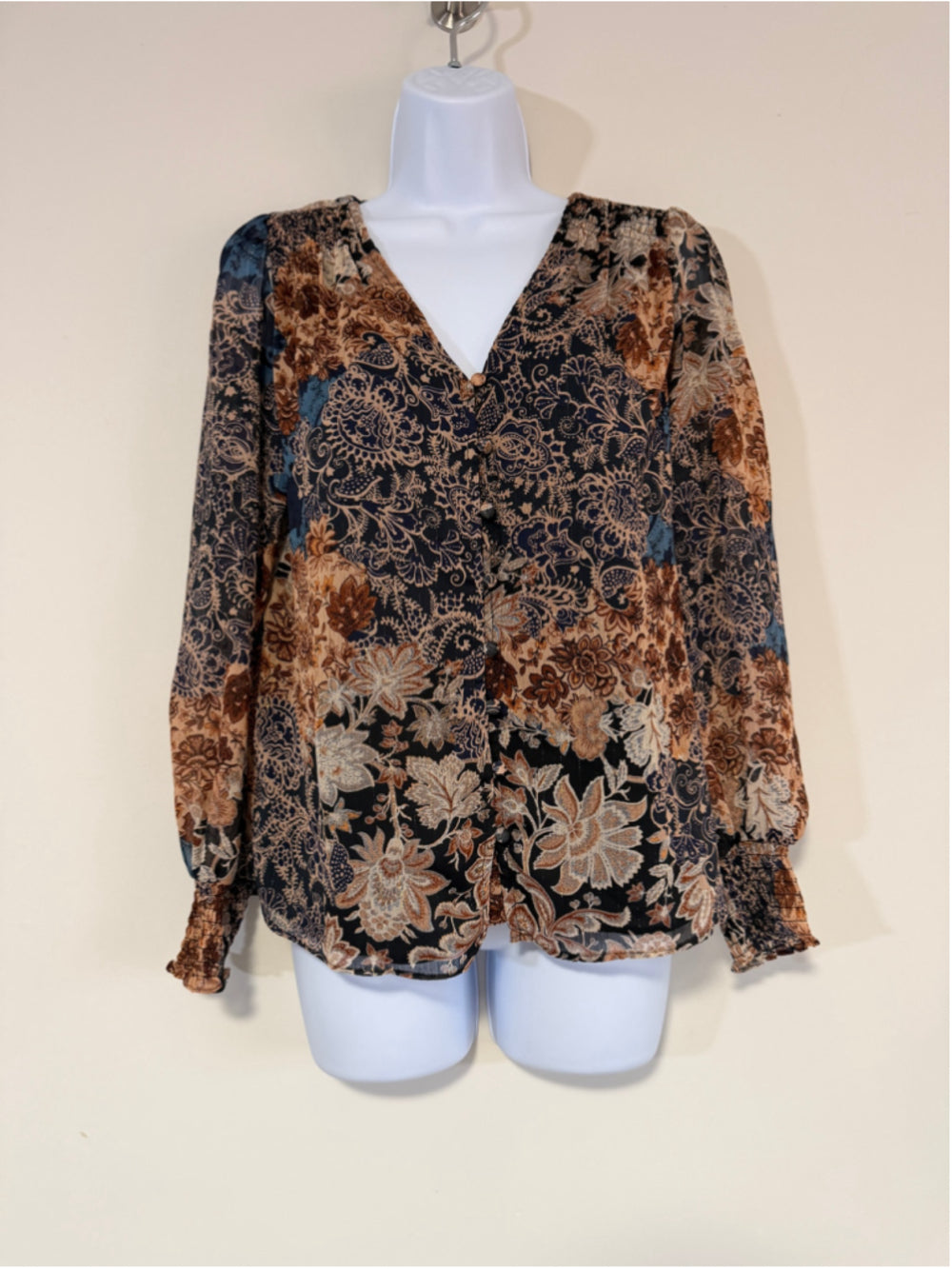 Sam & Jess Women's Medium Petite V-Neck Smocked-Trim Long-Sleeve Top NWT