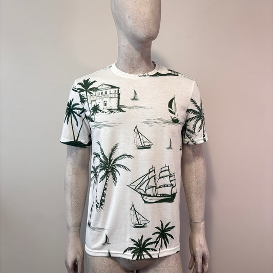 Shein Men's Large White & Green Tropical Beach & Palm Tree T-Shirt NIB