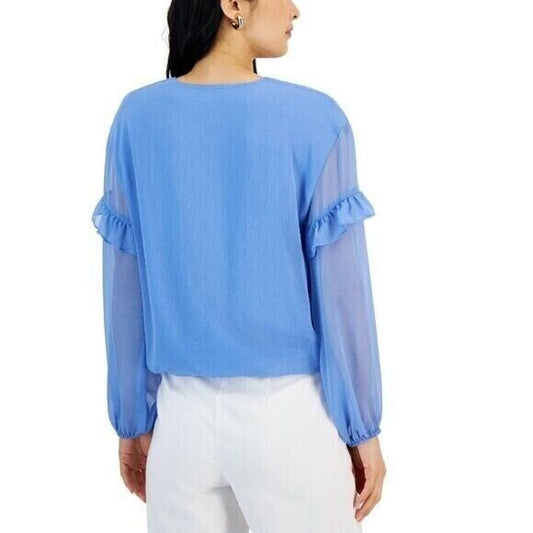 I.N.C. International Concepts Blue Lace-Up Ruffle-Sleeve Blouse NWT.