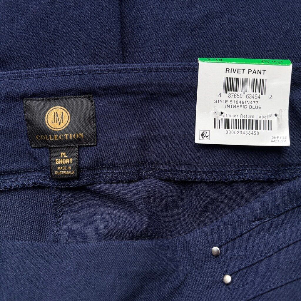 JM Collection Size Large Petite Short Navy Studded-Rivet Straight-Leg Pants NWT