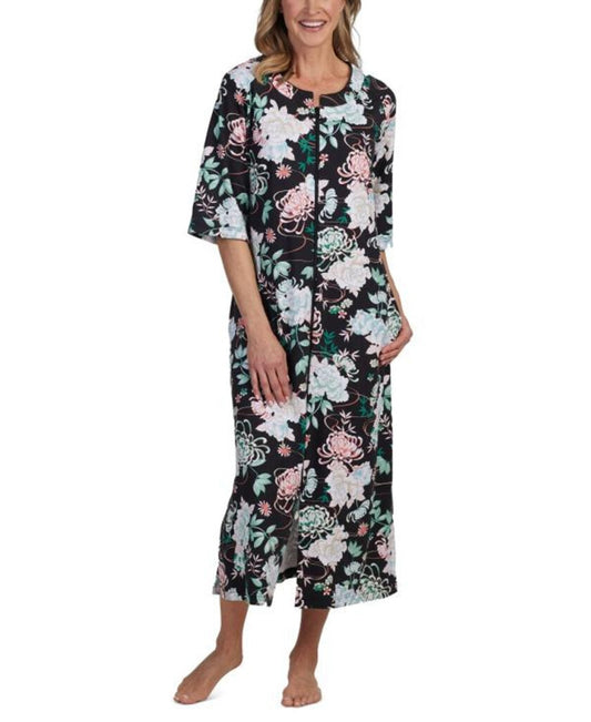 Miss Elaine Women's Black and Floral Printed 3/4-Sleeve Zip-Front Long Robe NWT