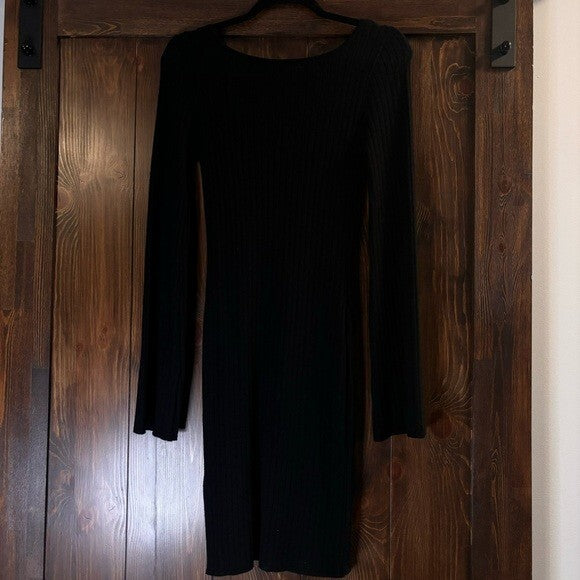 AND NOW THIS Women's Size XS Bell-Sleeve Ribbed Black Sweater Dress NWT