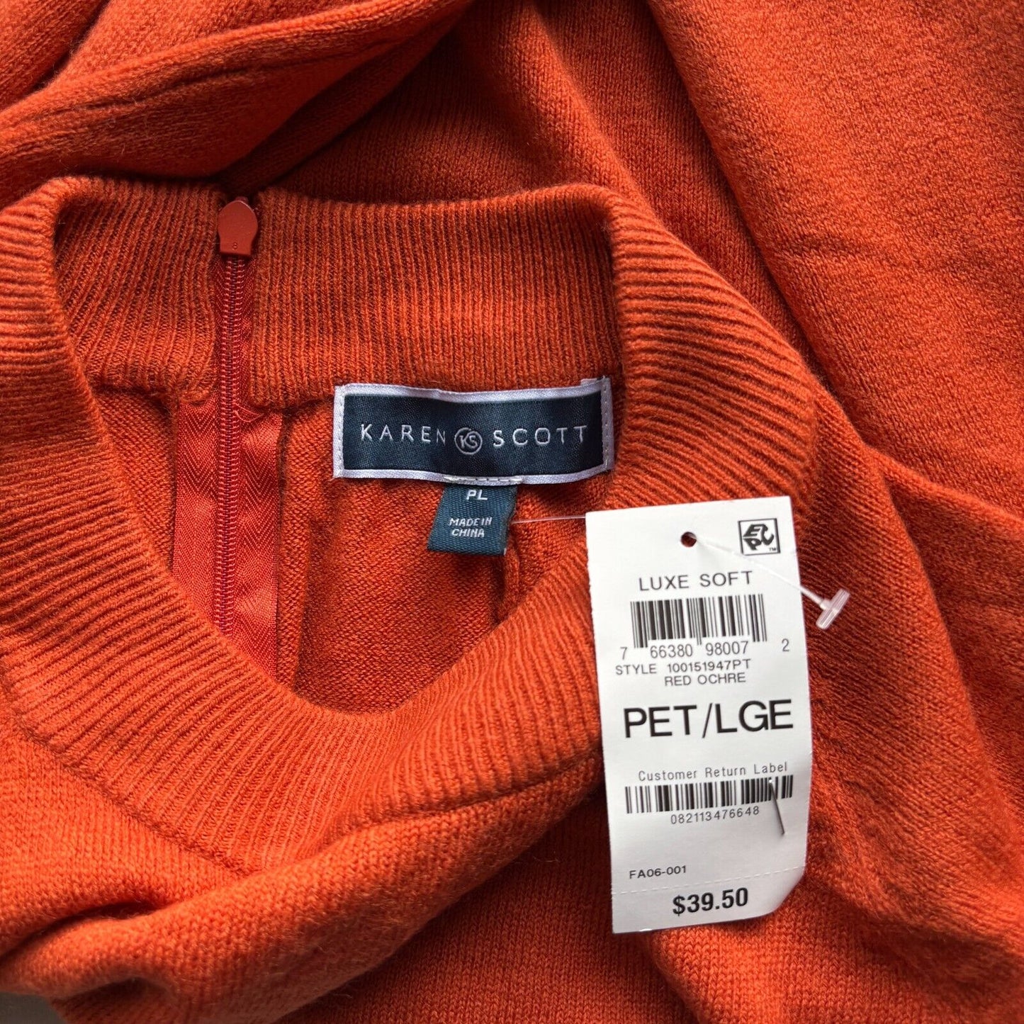 Karen Scott Petite Mock Neck Zip-Back Orange Knit Sweater NWT