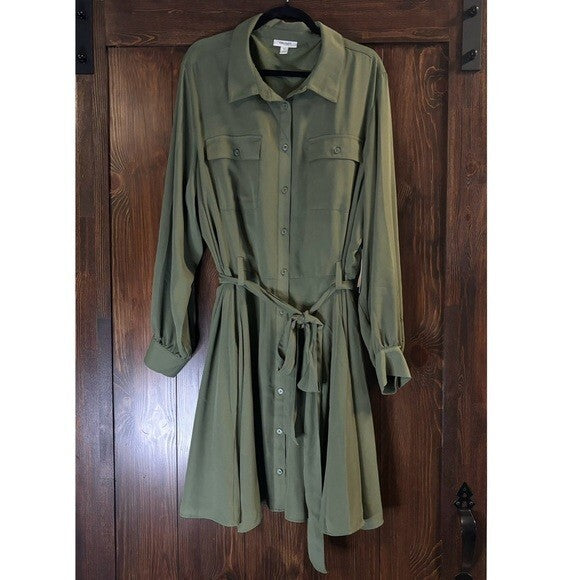 On 34th Plus Size Green Long-Sleeve Belted Shirtdress NWT