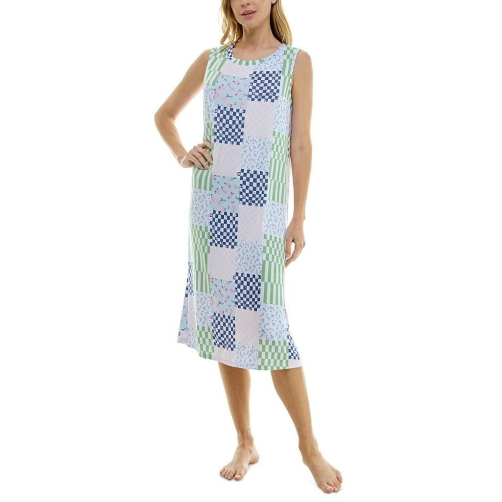 Roudelain Women's White & Blue Patchwork Printed Sleeveless Soft Nightgown NWT