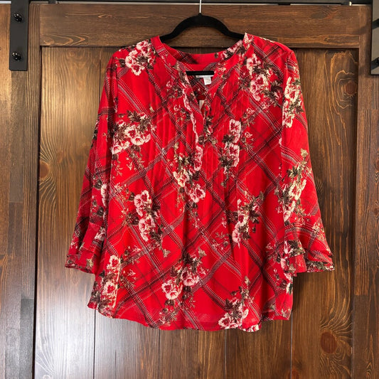 Charter Club Large Petite Red Ruffle Sleeve Etching Garden Pintuck Top NWT