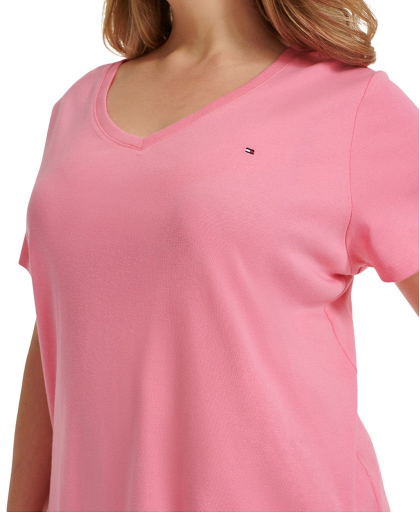 Tommy Hilfiger Plus Size 2X Pink V-Neck Flag Logo Tee 100% Cotton T-Shirt NWT