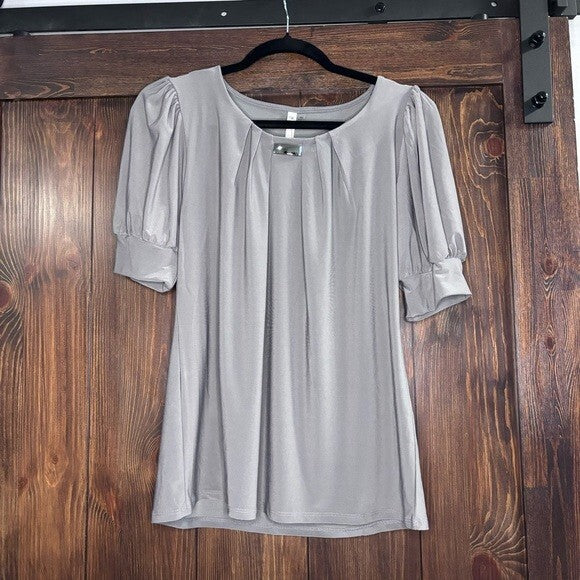 NY COLLECTION Petite Short Sleeve Balloon Sleeve Charcoal Grey Top NWT