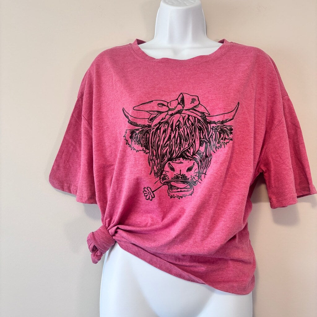 SHEIN Women's Pink Cute Cow Print Graphic Tee Oversized Boxy Casual Top NIB