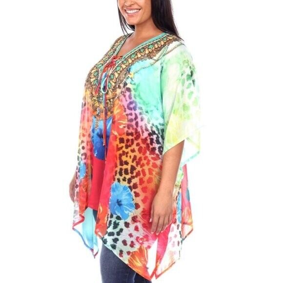 WHITE MARK Plus Size Short Bright and Colorful Caftan with Tie-Up Neckline NWT